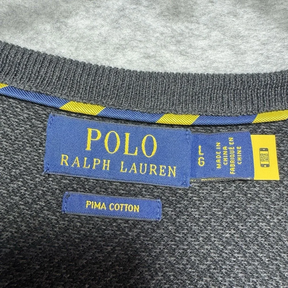 Polo Ralph Lauren Sweater Men Large Pima Cotton V-Neck Herringbone Gray Charcoal